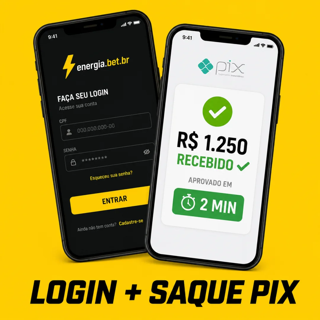 Celular mostrando tela de login da Energia Bet e Pix instantâneo